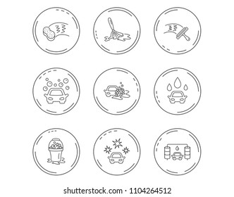 Car wash icons. Automatic cleaning station linear signs. Washing windows, sponge and foam bucket flat line icons. Linear Circles web buttons with icons. Vector