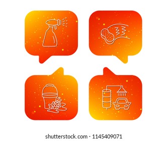 Car wash icons. Automatic cleaning station linear signs. Bucket with foam bubbles, sponge and spray flat line icons. Orange Speech bubbles with icons set. Soft color gradient chat symbols. Vector