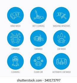Car wash icons. Automatic cleaning station linear signs. Washing windows, sponge and foam bucket flat line icons. Blue circle buttons set. Linear icons.