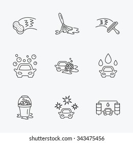 Car wash icons. Automatic cleaning station linear signs. Washing windows, sponge and foam bucket flat line icons. Linear black icons on white background.