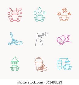 Car wash icons. Automatic cleaning station linear signs. Bucket with foam bubbles, sponge and spray flat line icons. Linear colored icons.