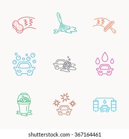 Car wash icons. Automatic cleaning station linear signs. Washing windows, sponge and foam bucket flat line icons. Linear colored icons.