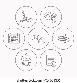 Car wash icons. Automatic cleaning station linear signs. Washing windows, wet cleaning and foam bucket flat line icons. Check file, calendar and cogwheel icons. Vector