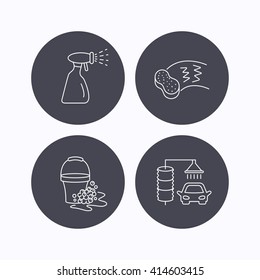 Car wash icons. Automatic cleaning station linear signs. Bucket with foam bubbles, sponge and spray flat line icons. Flat icons in circle buttons on white background. Vector