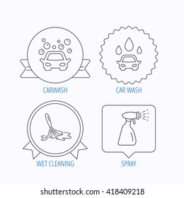 Car wash icons. Automatic cleaning station linear signs. Wet cleaning and spray flat line icons. Award medal, star label and speech bubble designs. Vector