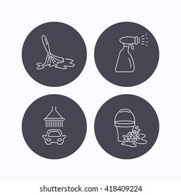 Car wash icons. Automatic cleaning station linear signs. Bucket with foam bubbles, spray flat line icons. Flat icons in circle buttons on white background. Vector