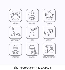 Car wash icons. Automatic cleaning station linear signs. Bucket with foam bubbles, sponge and spray flat line icons. Flat linear icons in squares on white background. Vector