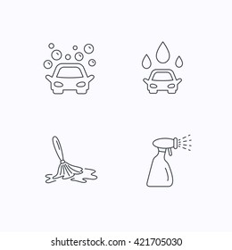Car wash icons. Automatic cleaning station linear signs. Wet cleaning and spray flat line icons. Flat linear icons on white background. Vector