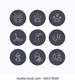 Car wash icons. Automatic cleaning station linear signs. Bucket with foam bubbles, sponge and spray flat line icons. Flat icons in circle buttons on white background. Vector