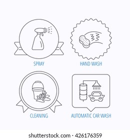 Car wash icons. Automatic cleaning station linear signs. Bucket with foam bubbles, sponge and spray flat line icons. Award medal, star label and speech bubble designs. Vector