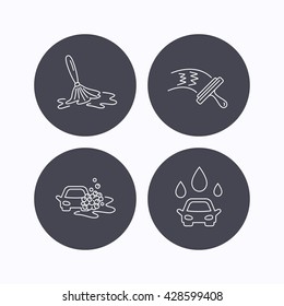 Car wash icons. Automatic cleaning station linear signs. Washing windows, wet cleaning and foam bucket flat line icons. Flat icons in circle buttons on white background. Vector