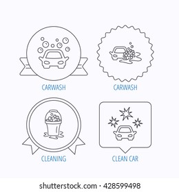 Car wash icons. Automatic cleaning station linear signs. Wet cleaning and foam bucket flat line icons. Award medal, star label and speech bubble designs. Vector