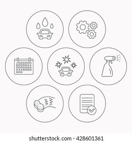 Car wash icons. Automatic cleaning station linear signs. Hand wash, sponge and spray flat line icons. Check file, calendar and cogwheel icons. Vector