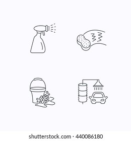 Car wash icons. Automatic cleaning station linear signs. Bucket with foam bubbles, sponge and spray flat line icons. Flat linear icons on white background. Vector