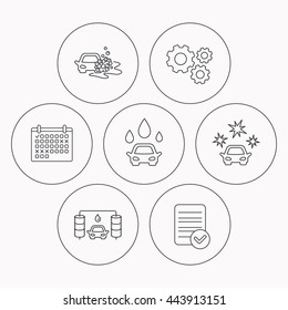 Car wash icons. Automatic cleaning station linear signs. Clean car, automatic carwash flat line icons. Check file, calendar and cogwheel icons. Vector