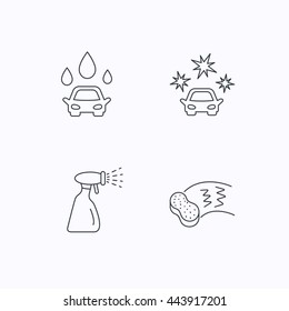 Car wash icons. Automatic cleaning station linear signs. Hand wash, sponge and spray flat line icons. Flat linear icons on white background. Vector
