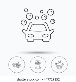 Car wash icons. Automatic cleaning station linear signs. Wet cleaning and foam bucket flat line icons. Linear icons in circle buttons. Flat web symbols. Vector