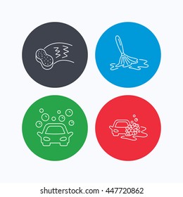 Car wash icons. Automatic cleaning station linear signs. Hand wash, sponge flat line icons. Linear icons on colored buttons. Flat web symbols. Vector