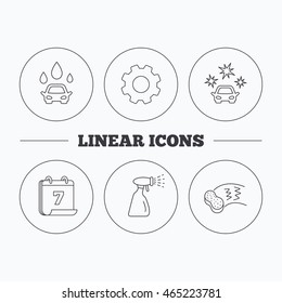 Car wash icons. Automatic cleaning station linear signs. Hand wash, sponge and spray flat line icons. Flat cogwheel and calendar symbols. Linear icons in circle buttons. Vector