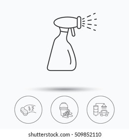 Car wash icons. Automatic cleaning station linear signs. Bucket with foam bubbles, sponge and spray flat line icons. Linear icons in circle buttons. Flat web symbols. Vector