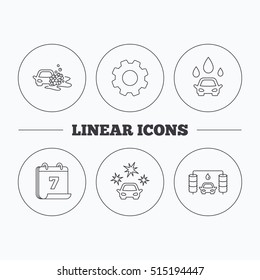 Car wash icons. Automatic cleaning station linear signs. Clean car, automatic carwash flat line icons. Flat cogwheel and calendar symbols. Linear icons in circle buttons. Vector