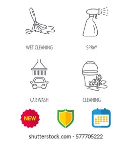 Car wash icons. Automatic cleaning station linear signs. Bucket with foam bubbles, spray flat line icons. Shield protection, calendar and new tag web icons. Vector
