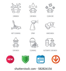 Car wash icons. Automatic cleaning station linear signs. Bucket with foam bubbles, sponge and spray flat line icons. New tag, shield and calendar web icons. Download arrow. Vector