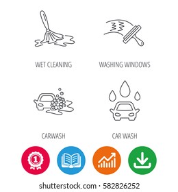 Car wash icons. Automatic cleaning station linear signs. Washing windows, wet cleaning and foam bucket flat line icons. Award medal, growth chart and opened book web icons. Download arrow. Vector