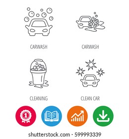 Car wash icons. Automatic cleaning station linear signs. Wet cleaning and foam bucket flat line icons. Award medal, growth chart and opened book web icons. Download arrow. Vector