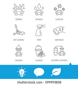 Car wash icons. Automatic cleaning station linear signs. Bucket with foam bubbles, sponge and spray flat line icons. Light bulb, speech bubble and leaf web icons. Vector