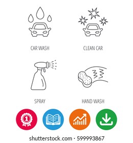 Car wash icons. Automatic cleaning station linear signs. Hand wash, sponge and spray flat line icons. Award medal, growth chart and opened book web icons. Download arrow. Vector