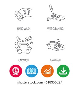 Car wash icons. Automatic cleaning station linear signs. Hand wash, sponge flat line icons. Award medal, growth chart and opened book web icons. Download arrow. Vector