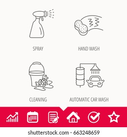 Car wash icons. Automatic cleaning station linear signs. Bucket with foam bubbles, sponge and spray flat line icons. Edit document, Calendar and Graph chart signs. Star, Check and House web icons