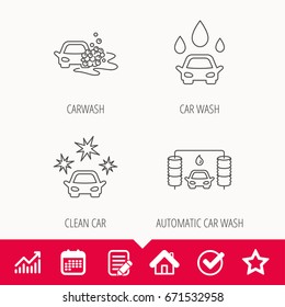 Car wash icons. Automatic cleaning station linear signs. Clean car, automatic carwash flat line icons. Edit document, Calendar and Graph chart signs. Star, Check and House web icons. Vector