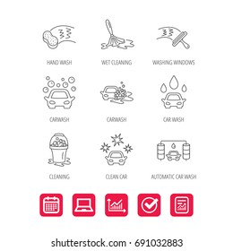 Car wash icons. Automatic cleaning station linear signs. Washing windows, sponge and foam bucket flat line icons. Report document, Graph chart and Calendar signs. Laptop and Check web icons. Vector