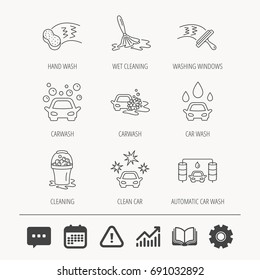 Car wash icons. Automatic cleaning station linear signs. Washing windows, sponge and foam bucket flat line icons. Education book, Graph chart and Chat signs. Attention, Calendar and Cogwheel web icons