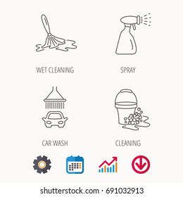 Car wash icons. Automatic cleaning station linear signs. Bucket with foam bubbles, spray flat line icons. Calendar, Graph chart and Cogwheel signs. Download colored web icon. Vector