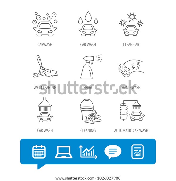 Car wash\
icons. Automatic cleaning station linear signs. Bucket with foam\
bubbles, sponge and spray flat line icons. Report file, Graph chart\
and Chat speech bubble signs.\
Vector