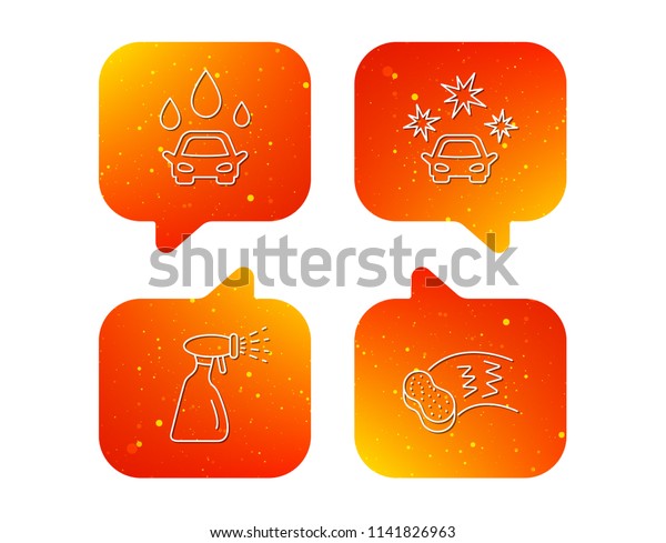 Car wash
icons. Automatic cleaning station linear signs. Hand wash, sponge
and spray flat line icons. Orange Speech bubbles with icons set.
Soft color gradient chat symbols.
Vector