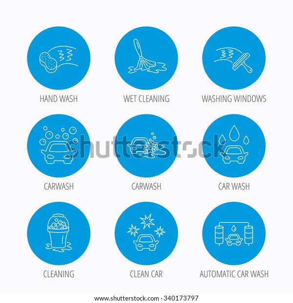 Car wash icons. Automatic\
cleaning station linear signs. Washing windows, sponge and foam\
bucket flat line icons. Blue circle buttons set. Linear\
icons.