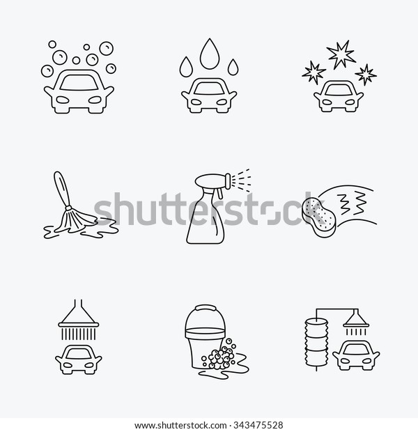 Car wash icons. Automatic cleaning\
station linear signs. Bucket with foam bubbles, sponge and spray\
flat line icons. Linear black icons on white\
background.