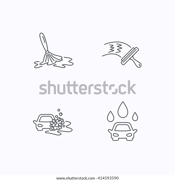 Car wash icons.\
Automatic cleaning station linear signs. Washing windows, wet\
cleaning and foam bucket flat line icons. Flat linear icons on\
white background. Vector