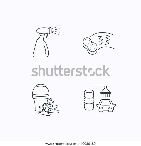 Car wash icons. Automatic\
cleaning station linear signs. Bucket with foam bubbles, sponge and\
spray flat line icons. Flat linear icons on white background.\
Vector