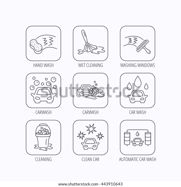 Car wash icons.\
Automatic cleaning station linear signs. Washing windows, sponge\
and foam bucket flat line icons. Flat linear icons in squares on\
white background. Vector