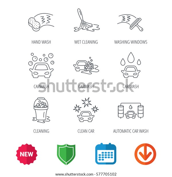 Car wash\
icons. Automatic cleaning station linear signs. Washing windows,\
sponge and foam bucket flat line icons. New tag, shield and\
calendar web icons. Download arrow.\
Vector