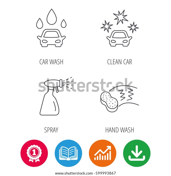Car wash\
icons. Automatic cleaning station linear signs. Hand wash, sponge\
and spray flat line icons. Award medal, growth chart and opened\
book web icons. Download arrow.\
Vector