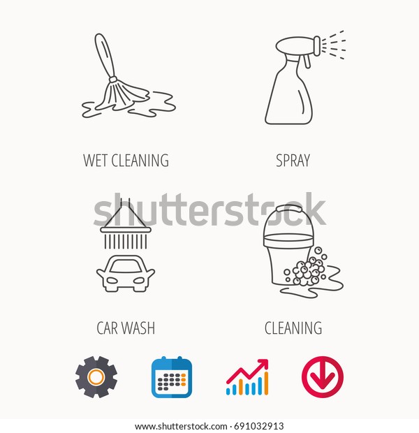 Car\
wash icons. Automatic cleaning station linear signs. Bucket with\
foam bubbles, spray flat line icons. Calendar, Graph chart and\
Cogwheel signs. Download colored web icon.\
Vector