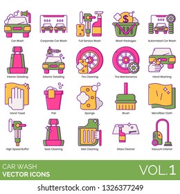 Car wash icons including corporate, full service, packages, automated, interior detailing, exterior, tire cleaning, maintenance, hand towel, pail, sponge, brush, microfiber cloth, high speed buffer.
