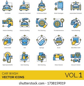Car wash icons including corporate, full service, packages, interior detailing, tire cleaning, maintenance, pail, sponge, brush, microfiber cloth, high speed buffer, seat, mat, glass cleaner, vacuum.
