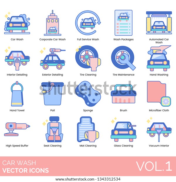 Car wash icons including corporate, full service,\
packages, automated, interior detailing, exterior, tire cleaning,\
maintenance, hand towel, pail, sponge, brush, microfiber cloth,\
high speed buffer.